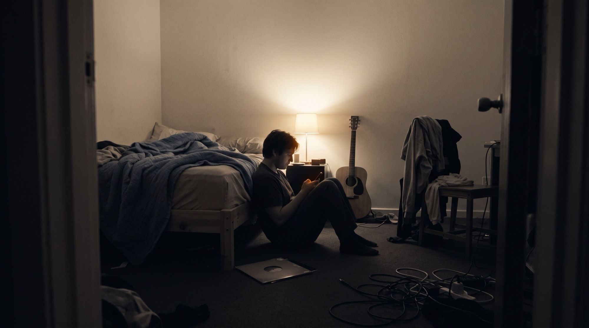 A small, messy bedroom studio at night seen from the doorway: someone sitting on the floor against the side of the bed, phone in hand, its screen a small point of amber light. One lamp in the corner, a guitar against the wall, cables and a record sleeve on the floor.