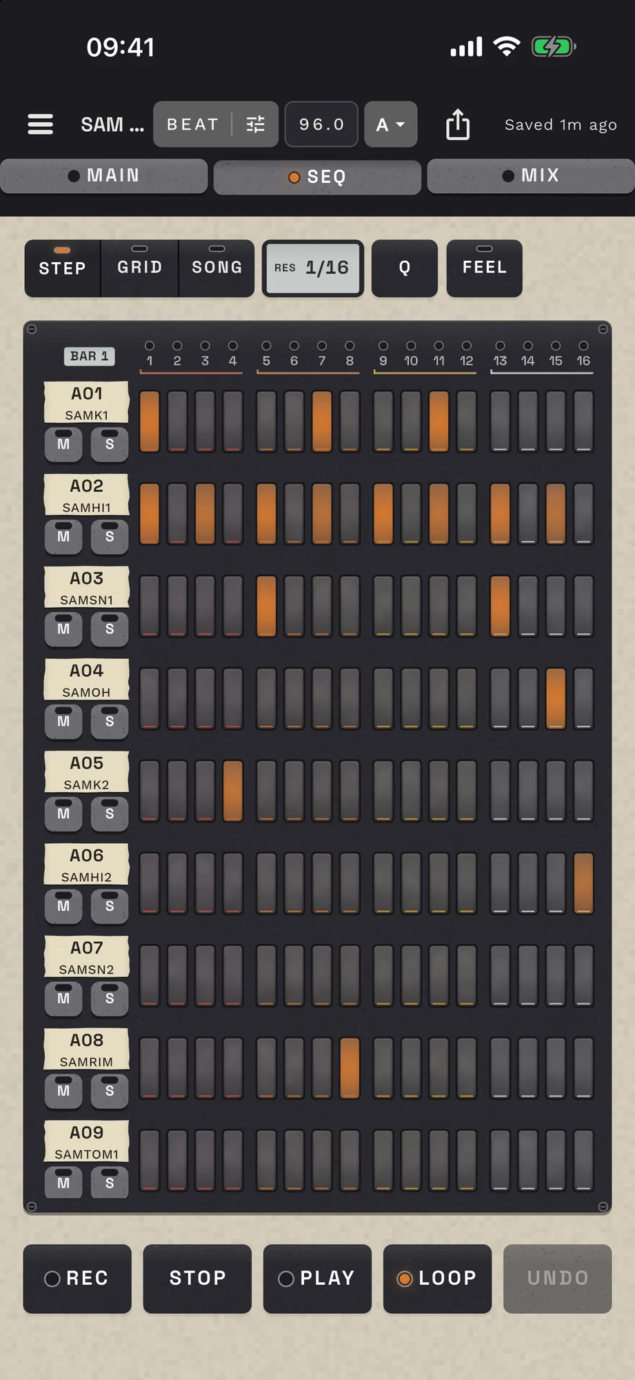SAM PL-1000 on iPhone, SEQ mode in step view: nine tracks with sixteen steps each, lit steps in orange, and mute and solo keys on every track.