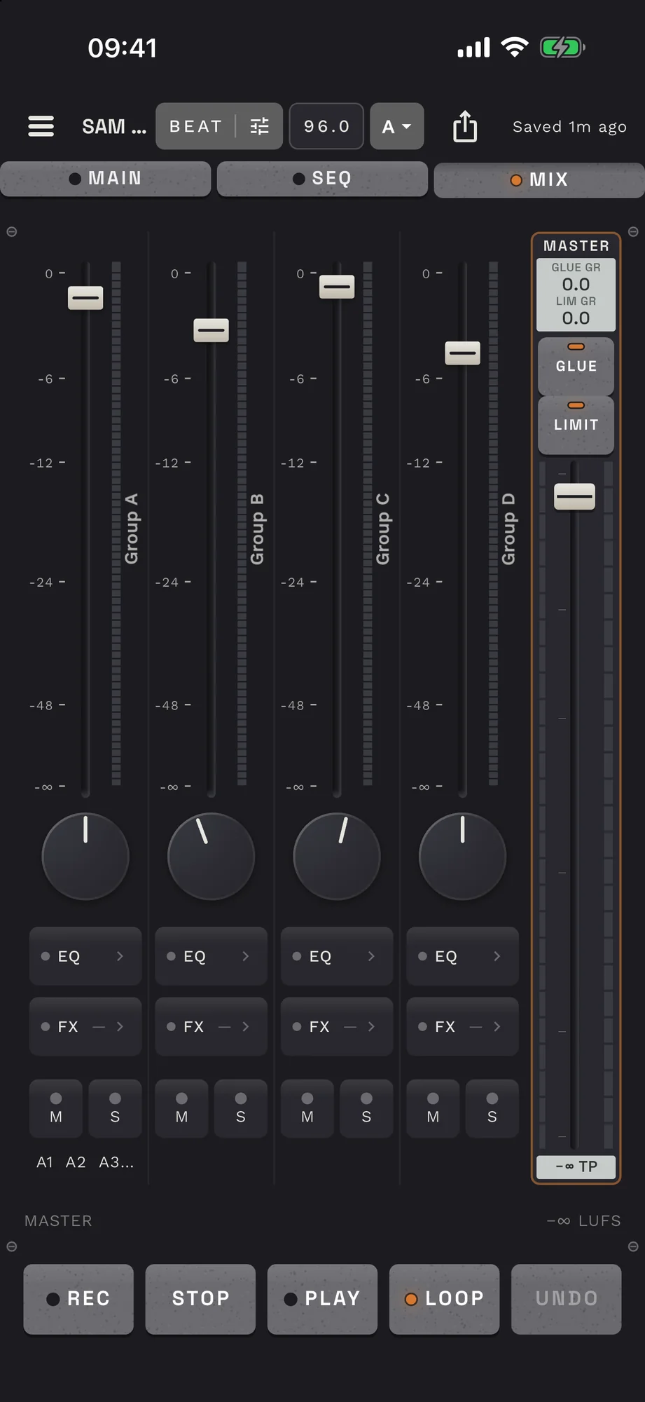 SAM PL-1000 on iPhone, MIX mode: four group faders with meters, pan knobs, EQ and FX slots, and a master channel with glue and limit compressors and a true-peak readout.
