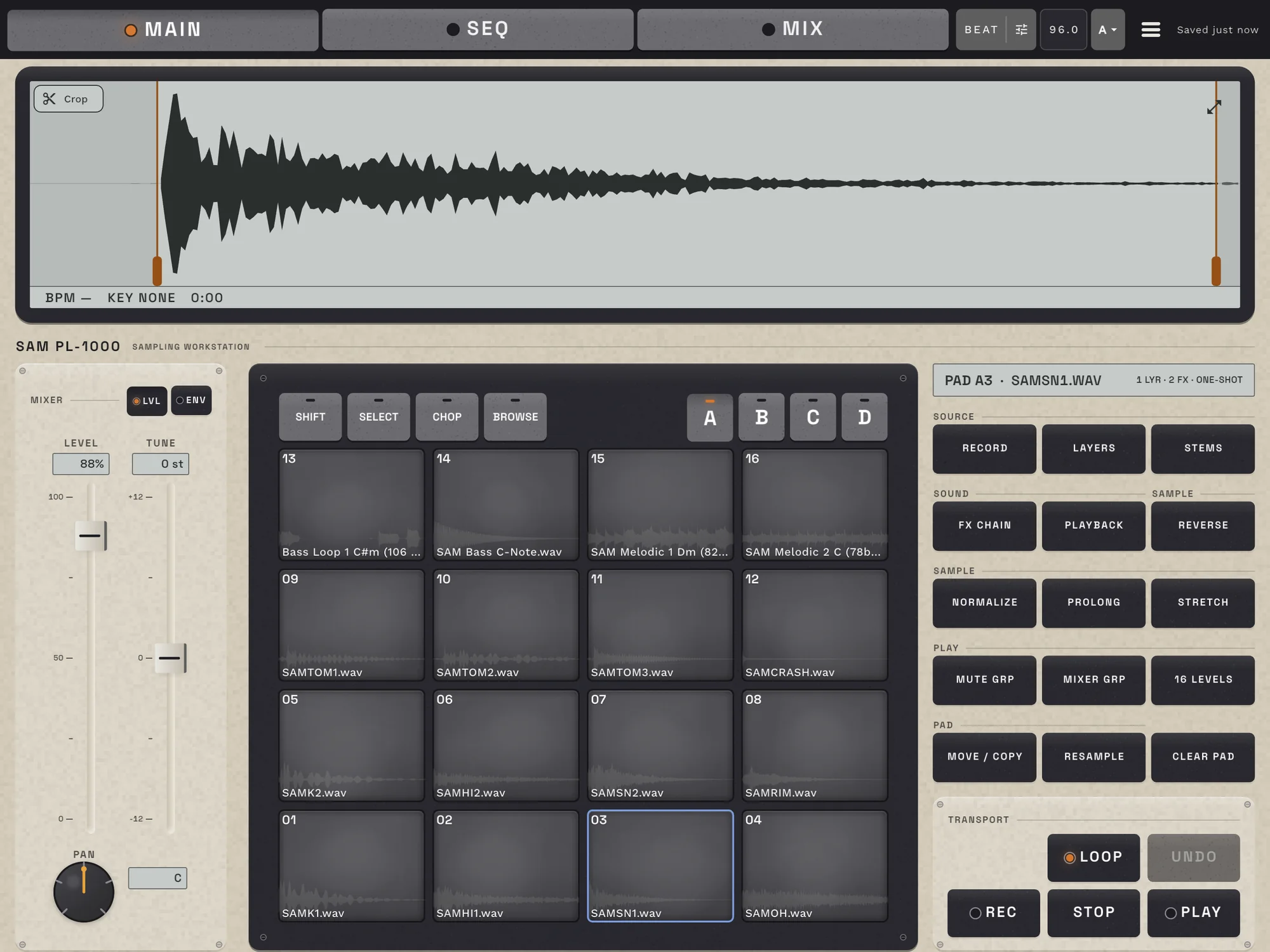 SAM PL-1000 on iPad in landscape, MAIN mode: a kick waveform across the top LCD, a level, tune and pan strip on the left, sixteen dark rubber pads in the middle, and pad actions such as record, layers, stems, FX chain and resample on the right.