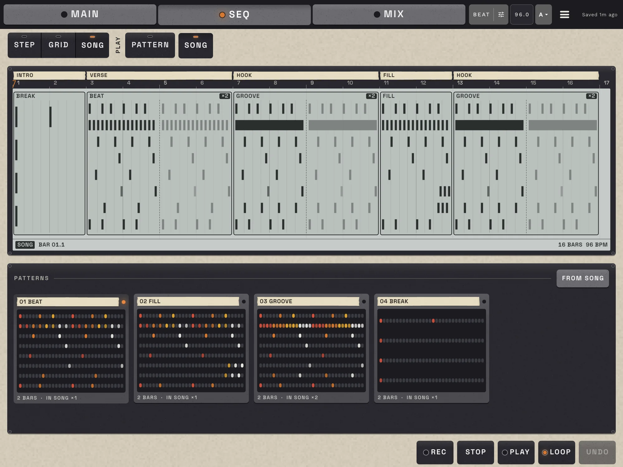 SAM PL-1000 on iPad in landscape, song mode: a sixteen-bar timeline with intro, verse, hook, fill and hook sections built from patterns, and the four patterns beat, fill, groove and break listed below.