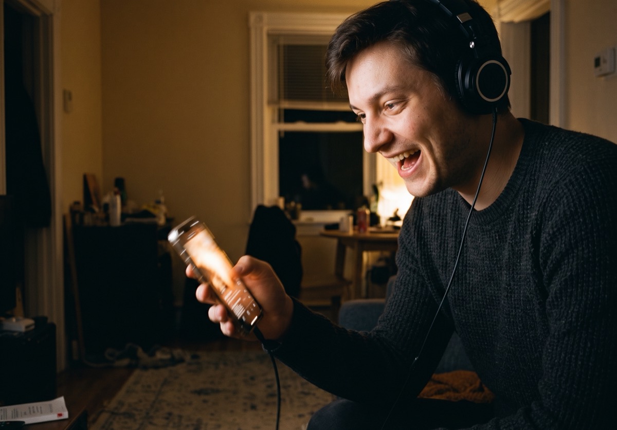 A man in headphones on a sofa in a warm, dimly lit flat, laughing as he shakes a phone in one hand. The phone is streaked with motion blur while the room behind stays sharp.