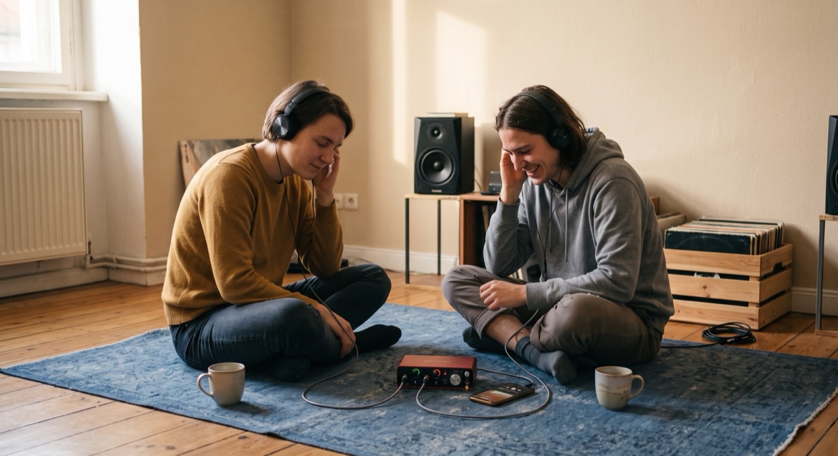 Two friends sitting cross-legged facing each other on a blue rug in a bare flat, both wearing headphones plugged into the same small box on the floor, one of them laughing.
