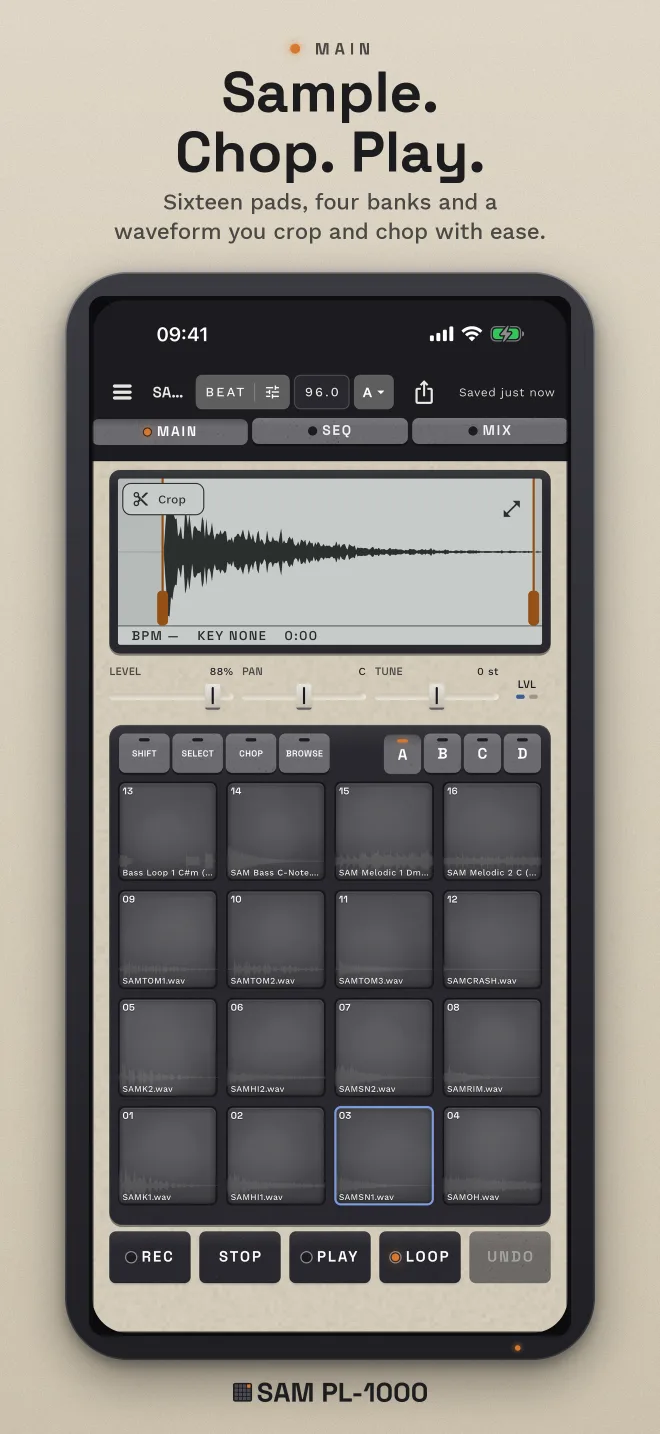 App Store screenshot, “Sample. Chop. Play.”. MAIN: sixteen pads, four banks and a waveform to crop and chop.
