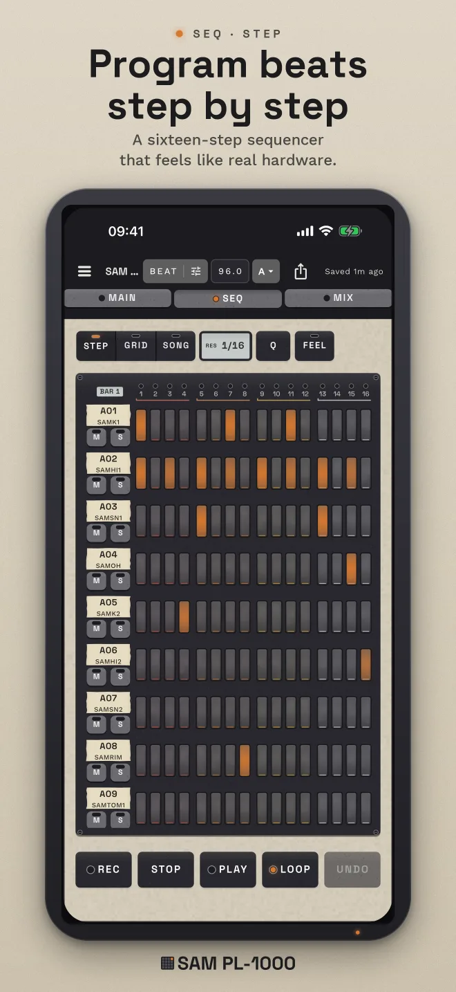 App Store screenshot, “Program beats step by step”. SEQ step view: a sixteen-step sequencer with lit steps per track.