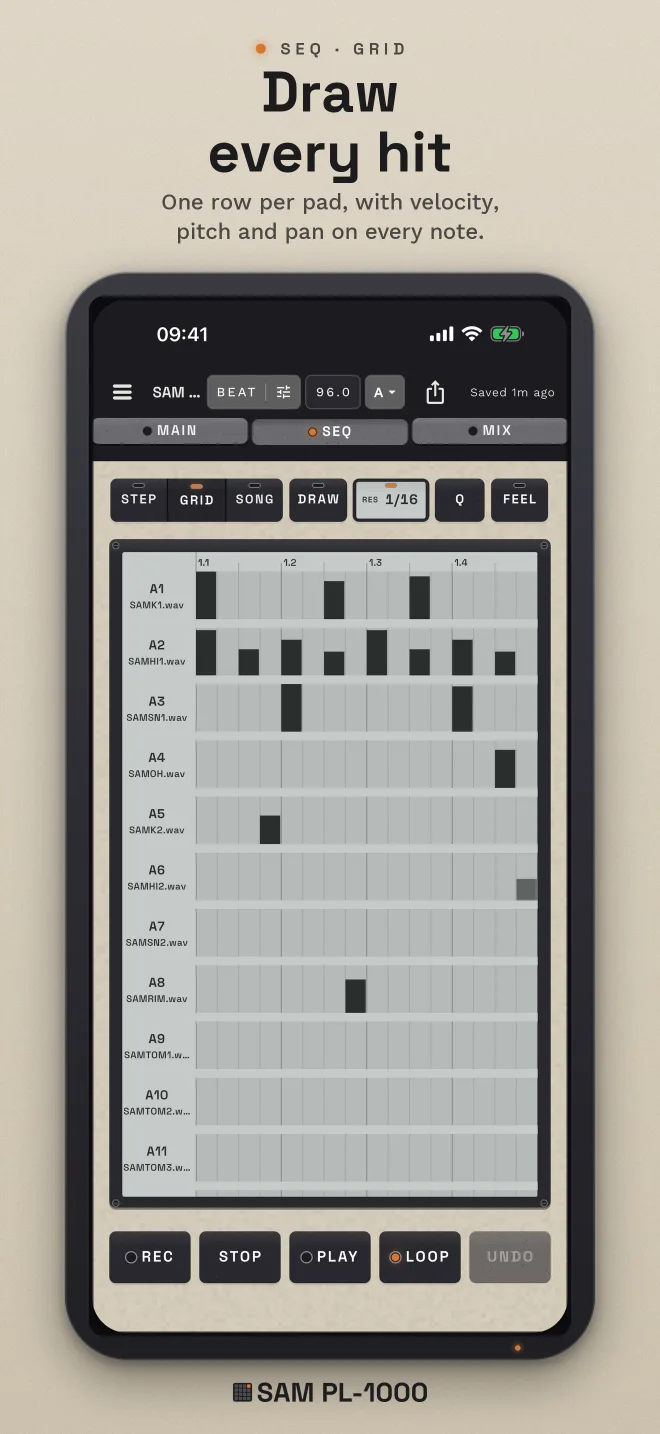 App Store screenshot, “Draw every hit”. SEQ grid view: one row per pad, notes drawn with velocity, pitch and pan.