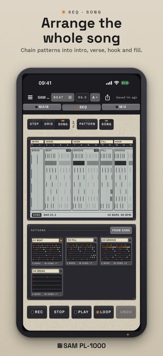 App Store screenshot, “Arrange the whole song”. SEQ song view: patterns chained into intro, verse, hook and fill.