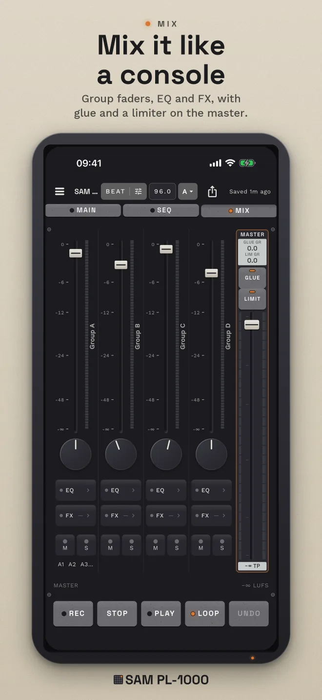 App Store screenshot, “Mix it like a console”. MIX: group faders, EQ and FX, glue and a limiter on the master.