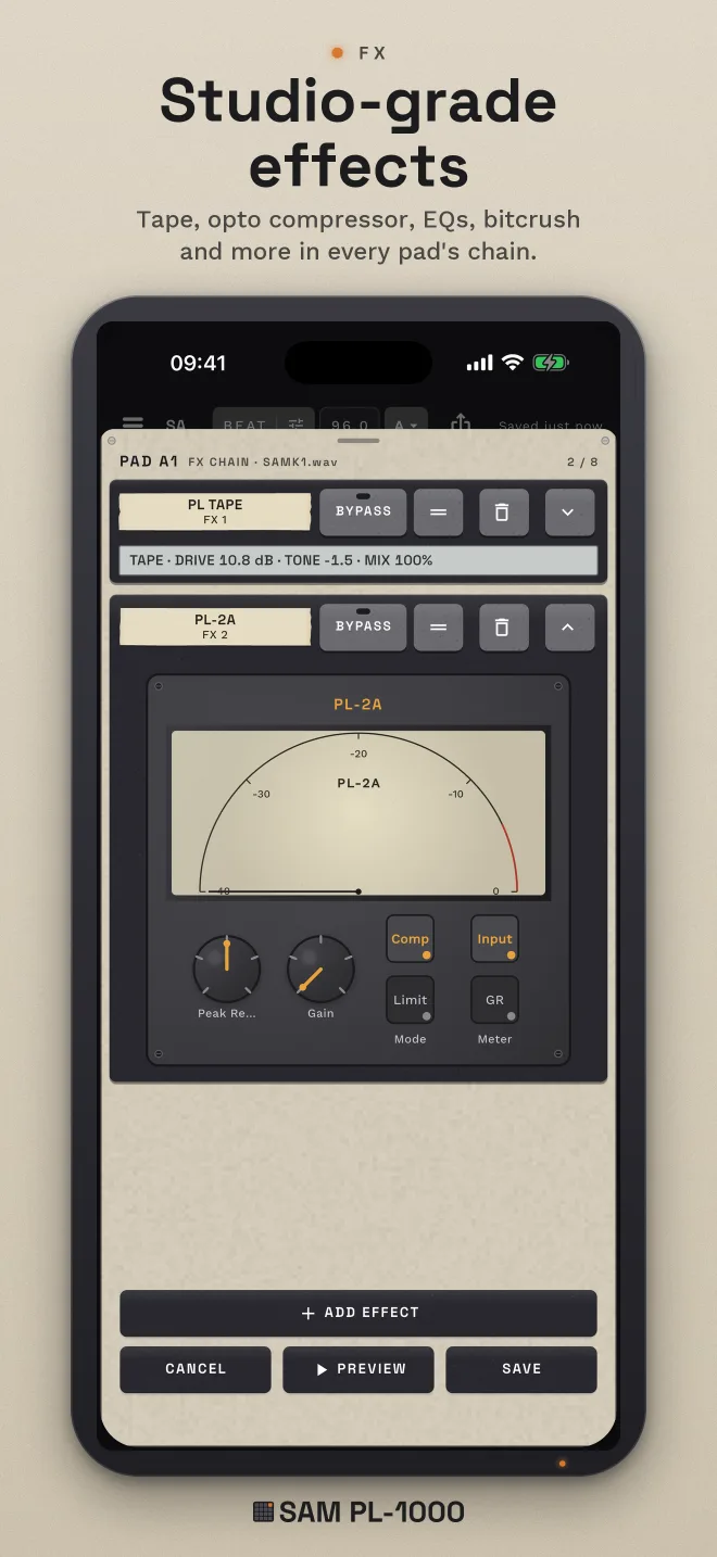App Store screenshot, “Studio-grade effects”. The PL-2A opto compressor with its VU meter, one of the per-pad effects.