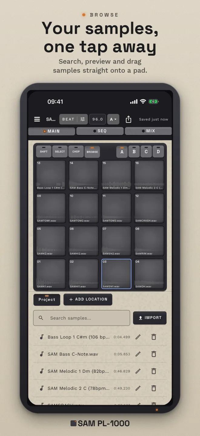 App Store screenshot, “Your samples, one tap away”. BROWSE: search, preview and drag samples straight onto a pad.